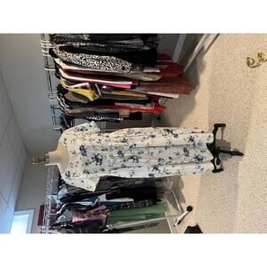 White Floral Short Sleeve Midi Dress with Pockets - Large